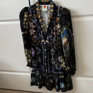 FARM Rio Black Dress with Multicolor Floral and Bird Design